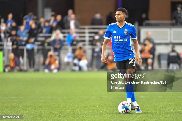 Marcos Johan Lopez of the San Jose Earthquakes during a game between Seattle Sounders FC and San Jose Earthquakes at PayPal Park on April 23, 2022 in...