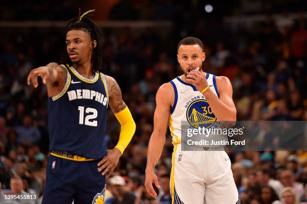 Ja Morant of the Memphis Grizzlies and Stephen Curry of the Golden State Warriors during Game Two of the Western Conference Semifinals of the NBA...