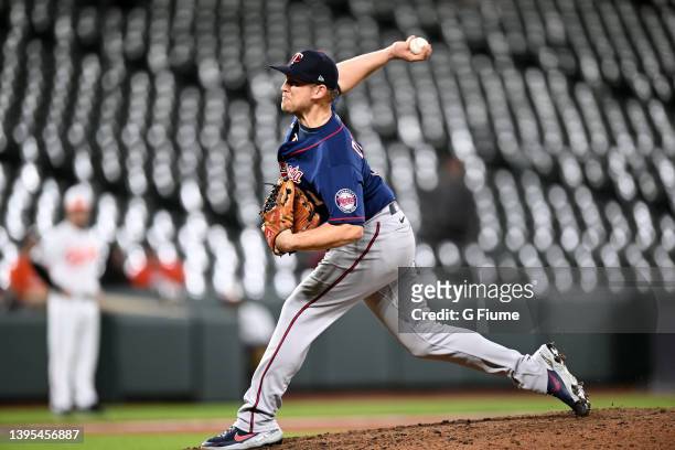Tyler Duffey of the Minnesota Twins pitches against the Baltimore Orioles at Oriole Park at Camden Yards on May 03, 2022 in Baltimore, Maryland.