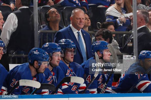 Head coach Gerard Gallant of the New York Rangers looks on from the bench during the game against the Pittsburgh Penguins in Game One of the First...