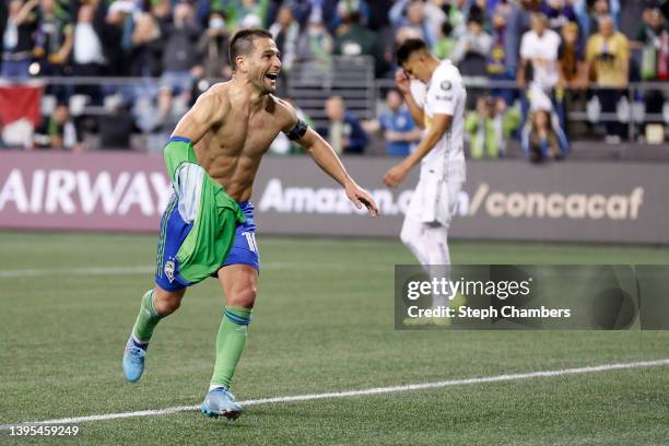 Nicolás Lodeiro of Seattle Sounders celebrates a goal in the second half against Pumas during 2022 Scotiabank Concacaf Champions League Final Leg 2...