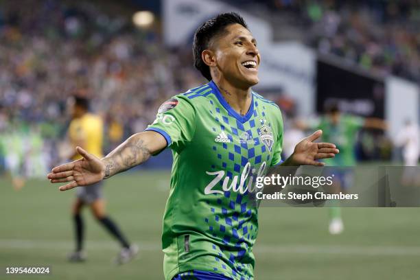 Raúl Ruidíaz of Seattle Sounders celebrates his goal against Pumas in the second half during 2022 Scotiabank Concacaf Champions League Final Leg 2 at...