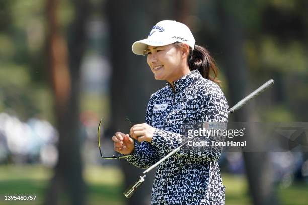 Sakura Yokomine of Japan reacts after holing out on the 18th green during the first round of World Ladies Championship Salonpas Cup at Ibaraki Golf...