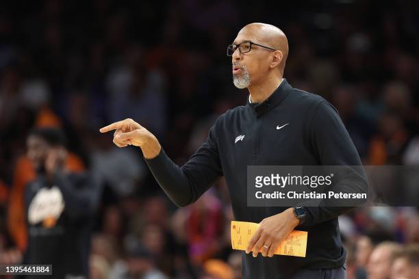 Head coach Monty Williams of the Phoenix Suns reacts during the first half of Game Two of the Western Conference Second Round NBA Playoffs at...