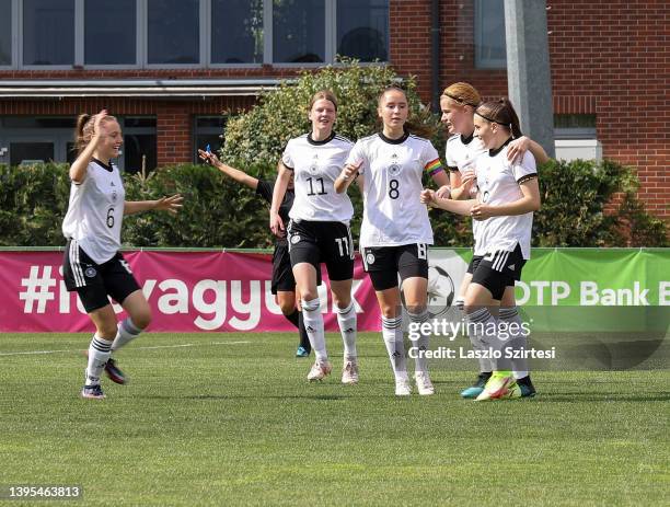 Leonie Kopp of Germany celebrates after scoring a goal with Laila Portella of Germany, Lilly Nele Damm of Germany#11 during the International...