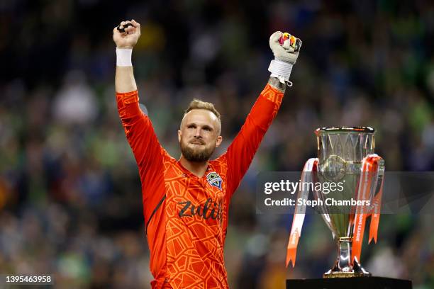 Stefan Frei of Seattle Sounders reacts after being named the best player of the tournament during 2022 Scotiabank Concacaf Champions League Final Leg...