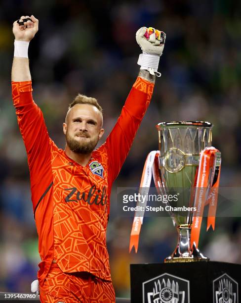 Stefan Frei of Seattle Sounders reacts after being named the best player of the tournament during 2022 Scotiabank Concacaf Champions League Final Leg...