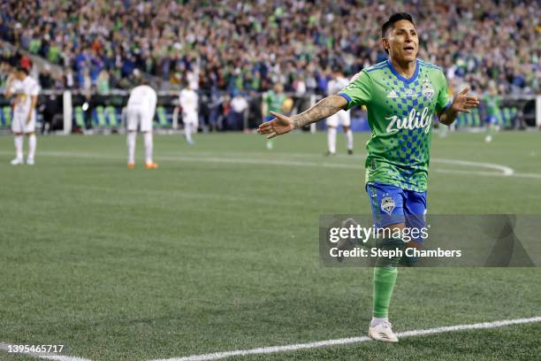 Raúl Ruidíaz of Seattle Sounders celebrates his goal against Pumas in the second half during 2022 Scotiabank Concacaf Champions League Final Leg 2 at...