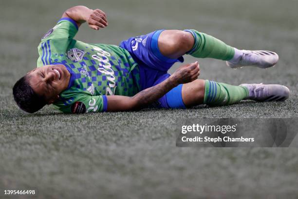 Raúl Ruidíaz of Seattle Sounders reacts in the second half against Pumas during 2022 Scotiabank Concacaf Champions League Final Leg 2 at Lumen Field...