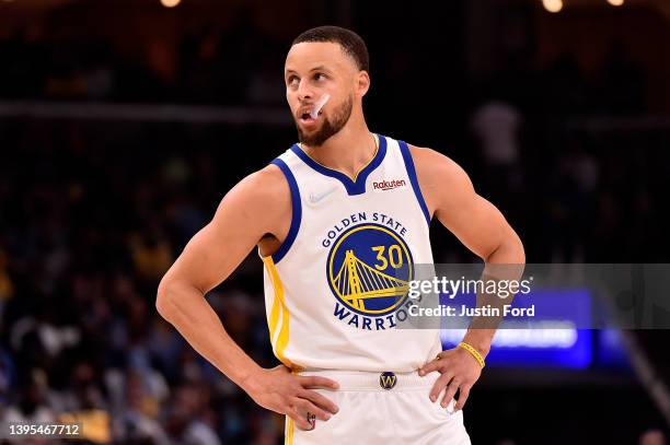 Stephen Curry of the Golden State Warriors reacts against the Memphis Grizzlies during Game Two of the Western Conference Semifinals of the NBA...