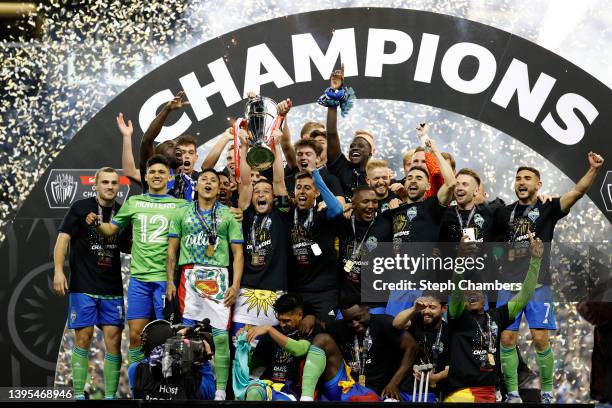 The Seattle Sounders celebrate after beating Pumas 3-0 during 2022 Scotiabank Concacaf Champions League Final Leg 2 at Lumen Field on May 04, 2022 in...