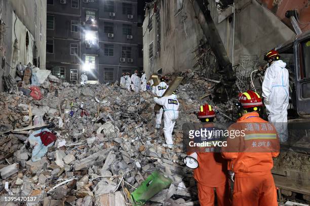 Rescuers search for survivors at the collapse site of a self-constructed residential building on May 4, 2022 in Changsha, Hunan Province of China....