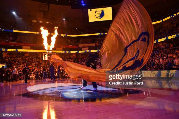 The Memphis Grizzlies mascot Grizz waves a flag before Game Two of the Western Conference Semifinals of the NBA Playoffs between the Memphis...