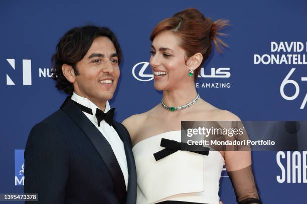 Italian actress Miriam Leone with her husband Paolo Carullo during the red carpet of the 67th edition of the David di Donatello at Cinecittà Studios....