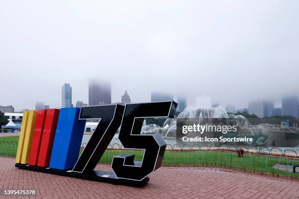 General view of the Buckingham Fountain and skyline covered with clouds prior to the NASCAR Cup Series Grant Park 220 at the Chicago Street Course in...