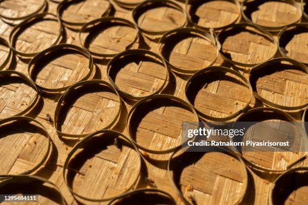 jaggery sugar made of asian palmyra palm sap filled in slices of small dried palm leaves - coconut chunks stock pictures, royalty-free photos & images