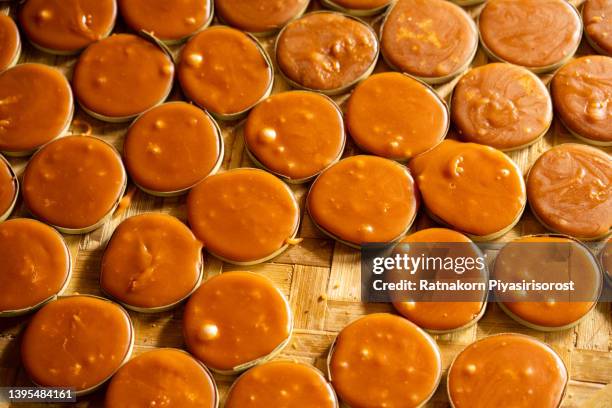 jaggery sugar made of asian palmyra palm sap filled in slices of small dried palm leaves - coconut chunks stock pictures, royalty-free photos & images