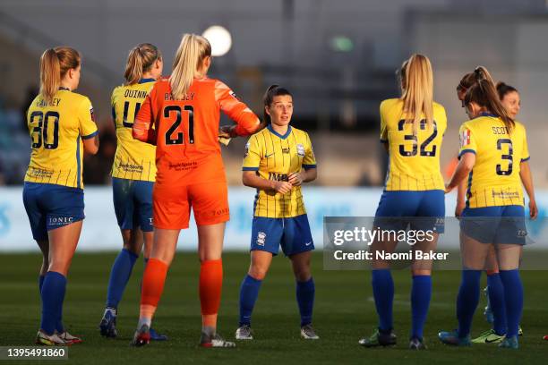 Birmingham team huddle during the Barclays FA Women's Super League match between Manchester City Women and Birmingham City Women at Manchester City...