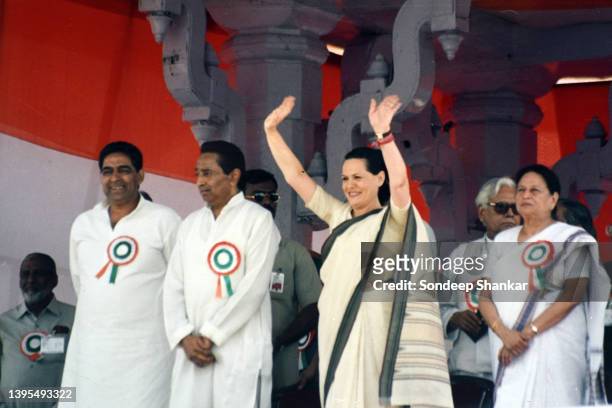 Congress Presiden Sonia Gandhi during an election campaign rally for Assembly elections at Ramlila Grounds in New delhi on November 24, 2003.