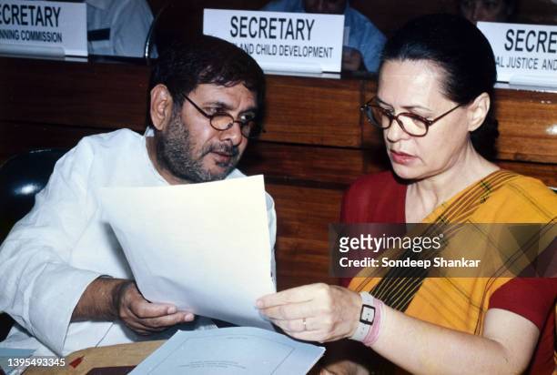 Congress President Sonia Gandhi and Civil Aviation Minister Sharad Yadav at the first meeting of the National Population Council in New Delhi on May...