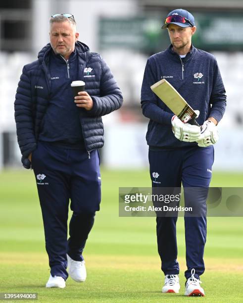 Yorkshire Director of Cricket, Darren Gough looks on alongside Joe Root of Yorkshire during Day One of the LV= Insurance County Championship match...