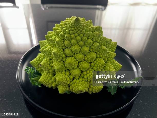 close-up of a romanesco broccoli in a black plate - chou romanesco stock pictures, royalty-free photos & images