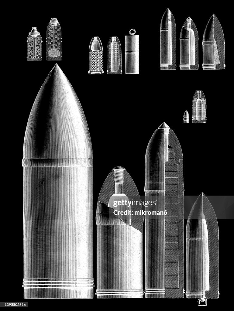 Shrapnel Shell Drawing Old Engraved Illustration Of Bullets Shrapnel And Segment Shells High ...