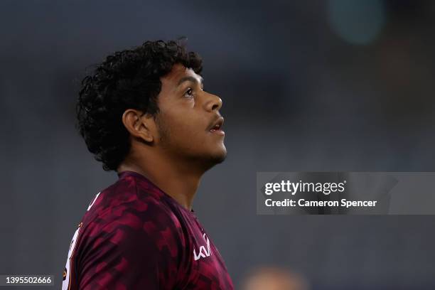 Selwyn Cobbo of the Broncos warms up during the round nine NRL match between the South Sydney Rabbitohs and the Brisbane Broncos at Accor Stadium, on...