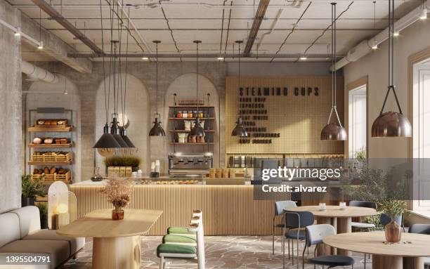 3d rendering of a cafe restaurant - koffiehuis stockfoto's en -beelden