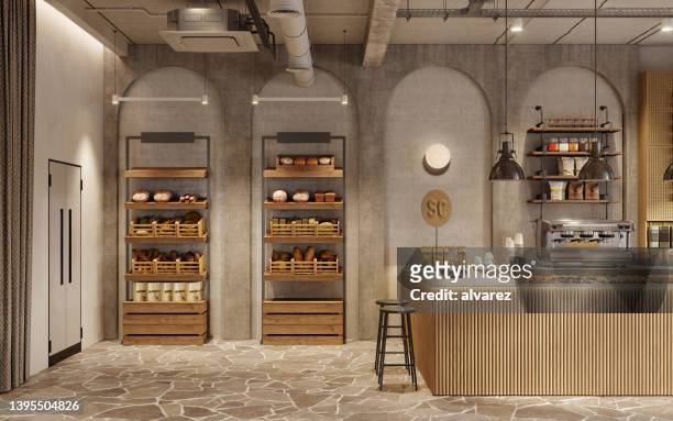 render 3d de un bonito interior de cafetería - bakery fotografías e imágenes de stock