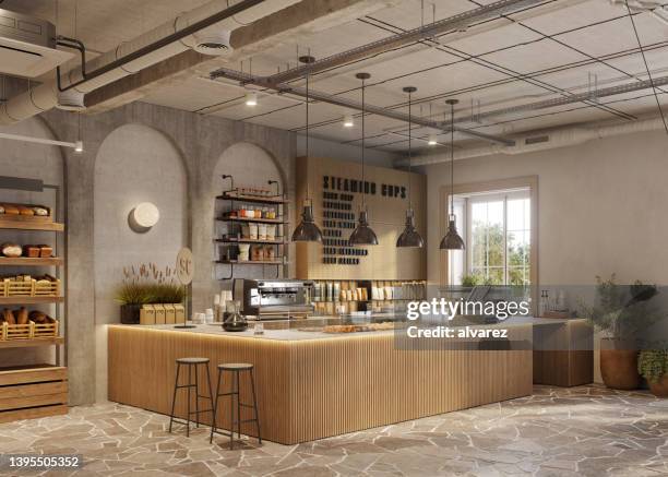 interior of a contemporary coffee shop in 3d - modern kitchen worktop stock pictures, royalty-free photos & images