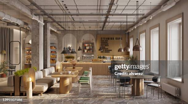 interior de la cafetería moderna con hermosos muebles - inside of fotografías e imágenes de stock