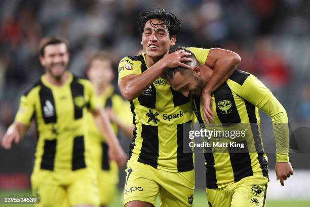 Reno Piscopo of the Phoenix celebrates with Walter Sandoval after scoring a goal during the A-League Mens match between Western Sydney Wanderers and...