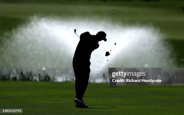 Ross Fisher of England plays his second shot on the 18th hole during the first round of the Betfred British Masters hosted by Danny Willett at The...