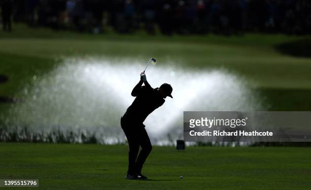 Ross Fisher of England plays his second shot on the 18th hole during the first round of the Betfred British Masters hosted by Danny Willett at The...