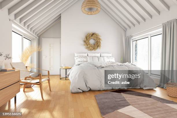 camera da letto loft in stile scandinavo moderno - trave foto e immagini stock