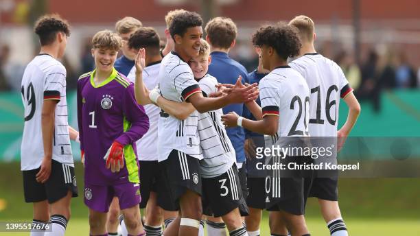 Celebrate after winning 2-0 the International friendly match between Germany U15 and Netherlands U15 at Stadium Garrel on May 05, 2022 in Garrel,...