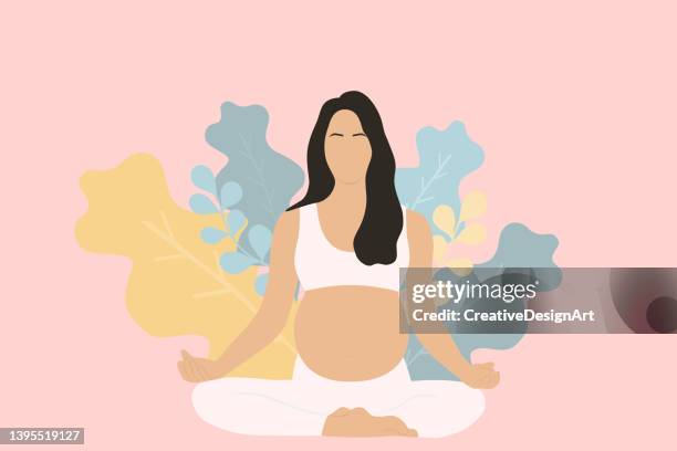 stockillustraties, clipart, cartoons en iconen met young pregnant woman meditating in lotus position. relaxation exercise during pregnancy. - mindfulness