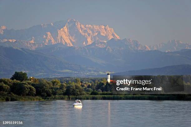 idyllic view of ammersee and zugspitze - diessen am ammersee stock pictures, royalty-free photos & images