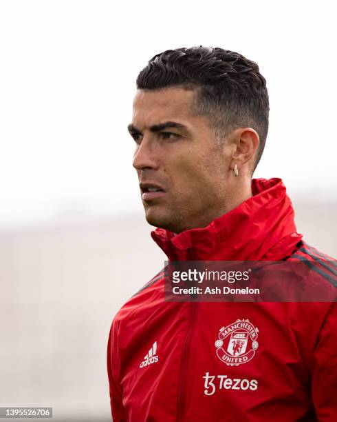 Cristiano Ronaldo of Manchester United in action during a first team training session at Carrington Training Ground on May 04, 2022 in Manchester,...