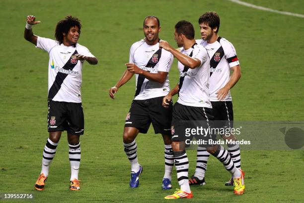 William Barbio, Alecsandro, Juninho and Diego Souza of Vasco celebrate a scored goal againist Flamengo during the semifinal match as part of Rio...