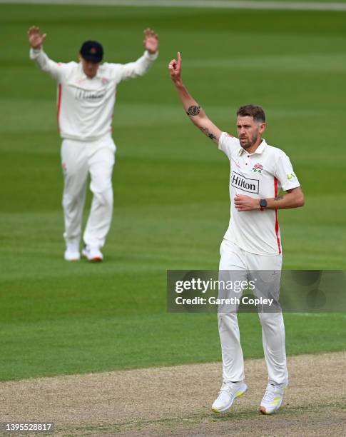 Tom Bailey of Lancashire celebrates dismissing Alex Davies of Warwickshire during the LV= Insurance County Championship match between Lancashire and...