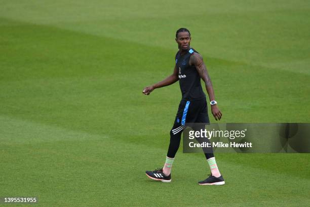 Jofra Archer of Sussex takes part in some fielding practice in the lunch break during the LV= Insurance County Championship match between Sussex and...
