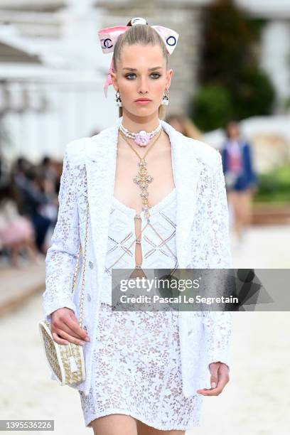 Model walks the runway during the Chanel Cruise 2023 Collection on May 05, 2022 in Monte-Carlo, Monaco.