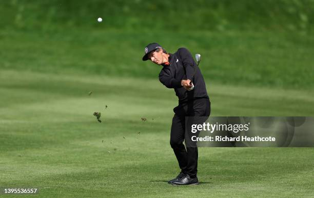 Thorbjorn Olesen of Denmark plays his third shot on the ninth hole during the first round of the Betfred British Masters hosted by Danny Willett at...