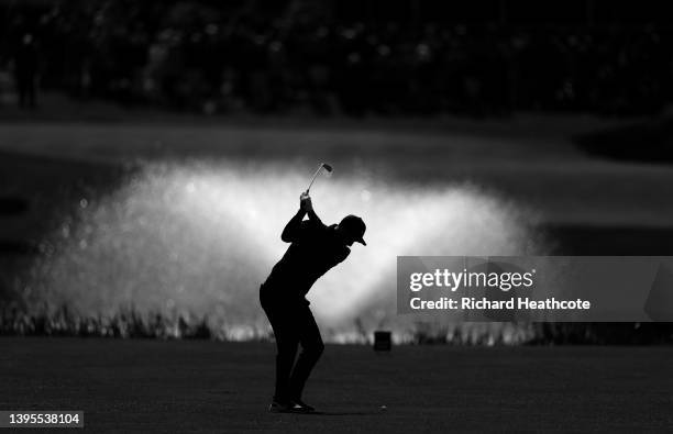 Ross Fisher of England plays his second shot on the 18th hole during the first round of the Betfred British Masters hosted by Danny Willett at The...