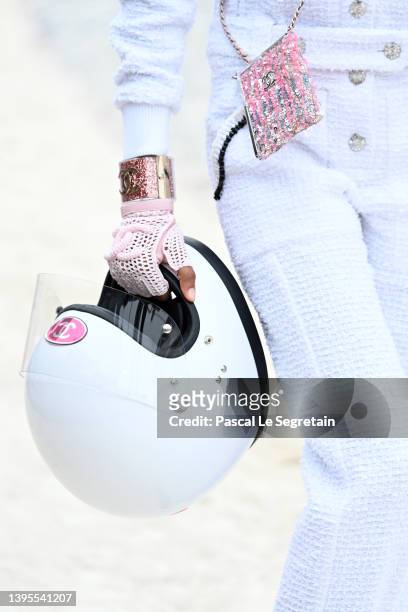 Model, helmet detail, walks the runway during the Chanel Cruise 2023 Collection on May 05, 2022 in Monte-Carlo, Monaco.