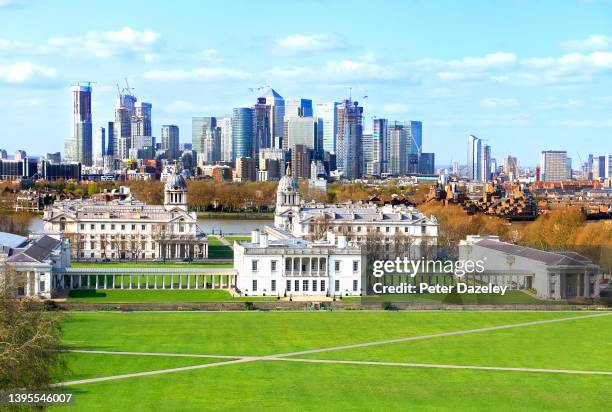 View from the Royal Observatory of the Queen's House and the London City Skyline at Canary Wharf on Match 31,2019 in London, England.