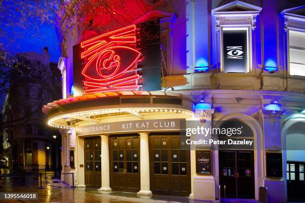 Exterior of the Kit Kat Club/ Playhouse Theatre, showing Cabaret on April 6,2022 in London, England.