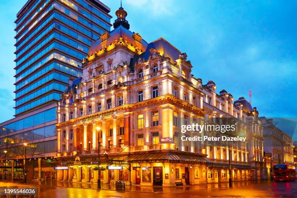 The exterior of Her Majesty's Theatre at dusk on April 6,2022 in London, England.